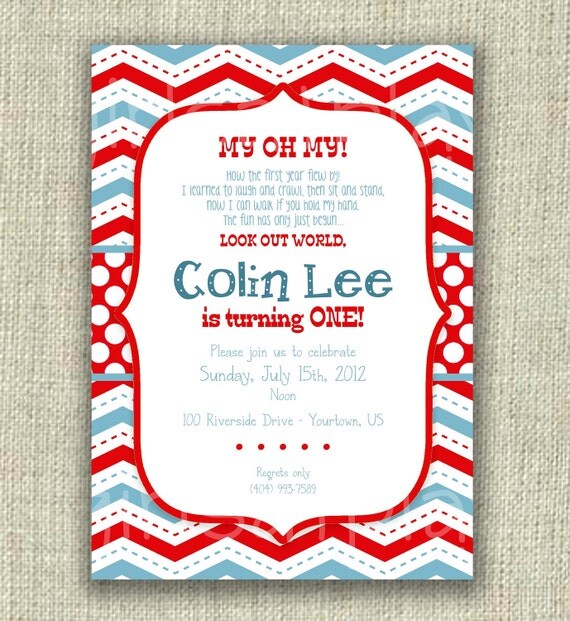 Modern 1st First Birthday Boy Invitation Blue Red Chevron Dots - Print By You - by girls at play girlsatplay Il_570xn