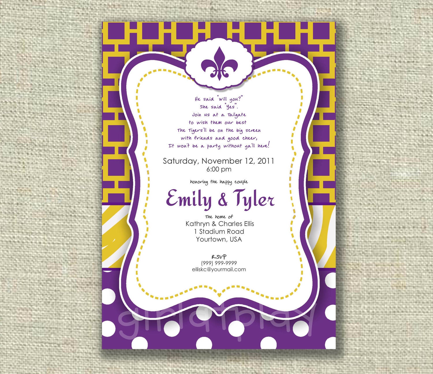 Bridal Shower Football Invitation Tailgate Tigers Team Couples Custom - Printable - by girls at play