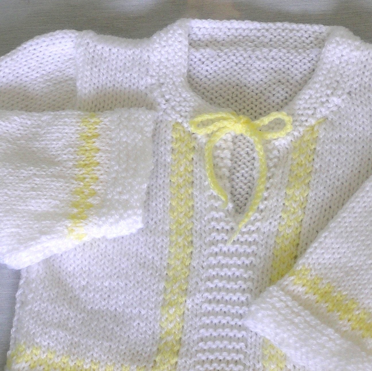 Baby Sweater Pullover Handknitted in White with Yellow, 6 - 12 Months