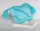 Baby Jester Hat 3 - 12 Months, Hand Knitted, in 2 Peacock Blues