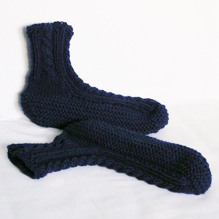 Mens SlipperSocks, Handknitted Cables in Midnight Blue,  9W - 10.5M