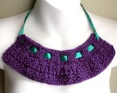 Knitted bib necklace purple cotton emerald green ribbon statement style neckpiece memake handmade jewellery
