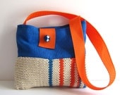 Knitted bag linen purse orange blue colour block ecru cotton stripes leather tab memake handmade fashion handbag