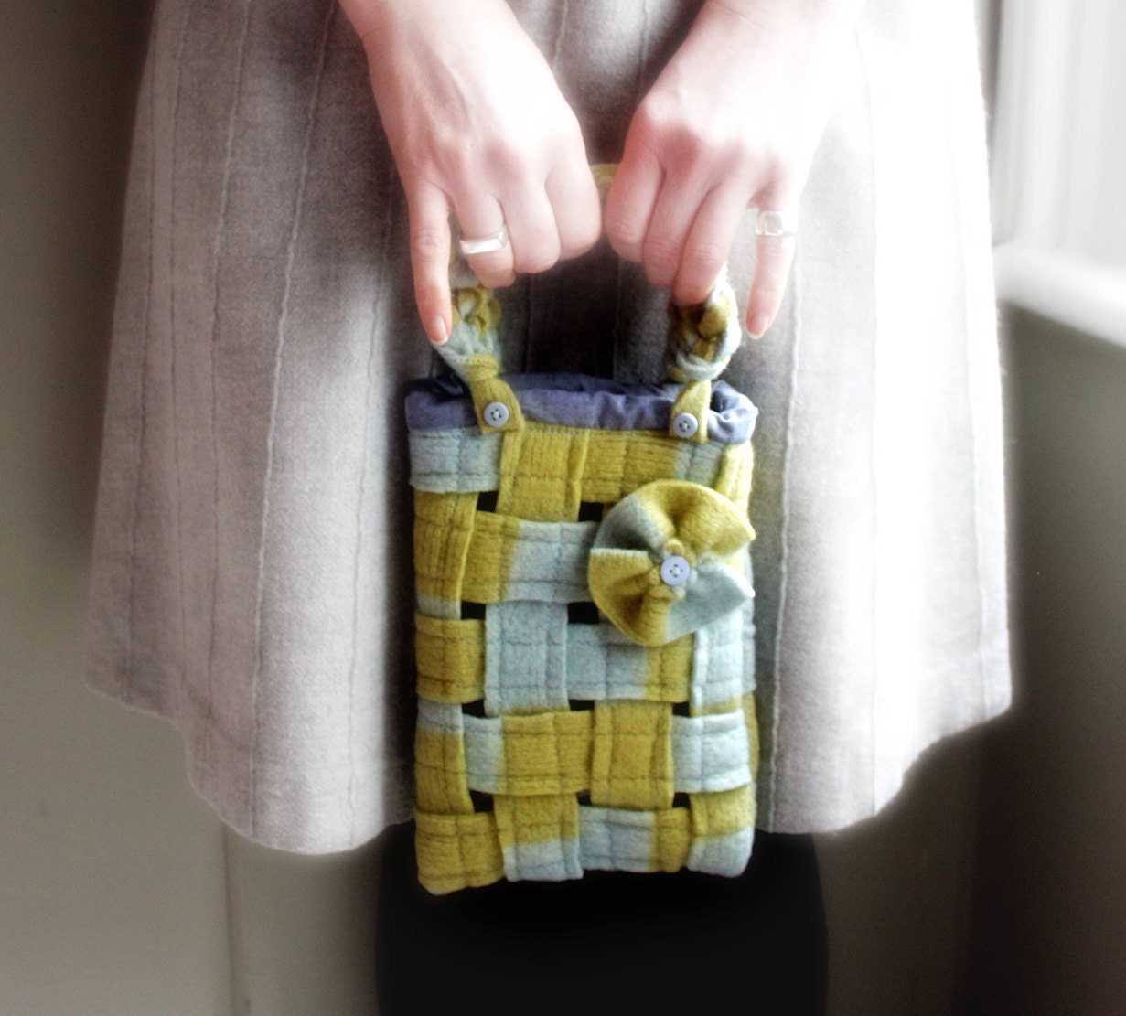 Woven wool bag blue olive green purse small tote handbag recycled wool memake handmade fashion