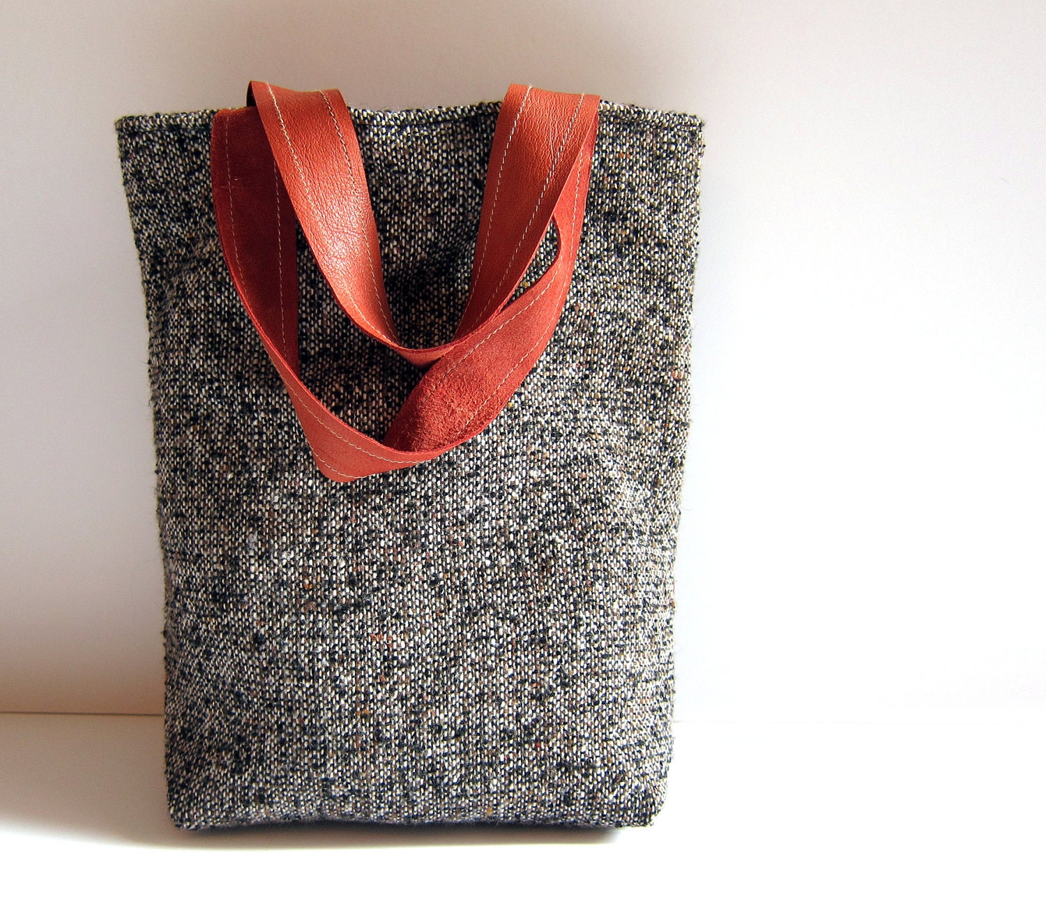 Tweed purse brown black tote bag tan leather handles recycled fabric memake fashion handmade handbag