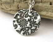 Flower Necklace Sterling Silver Circle Jewlery Bold Romantic Flower and Vines Tiny Handmade Fashion Jewelry - Unique Petite