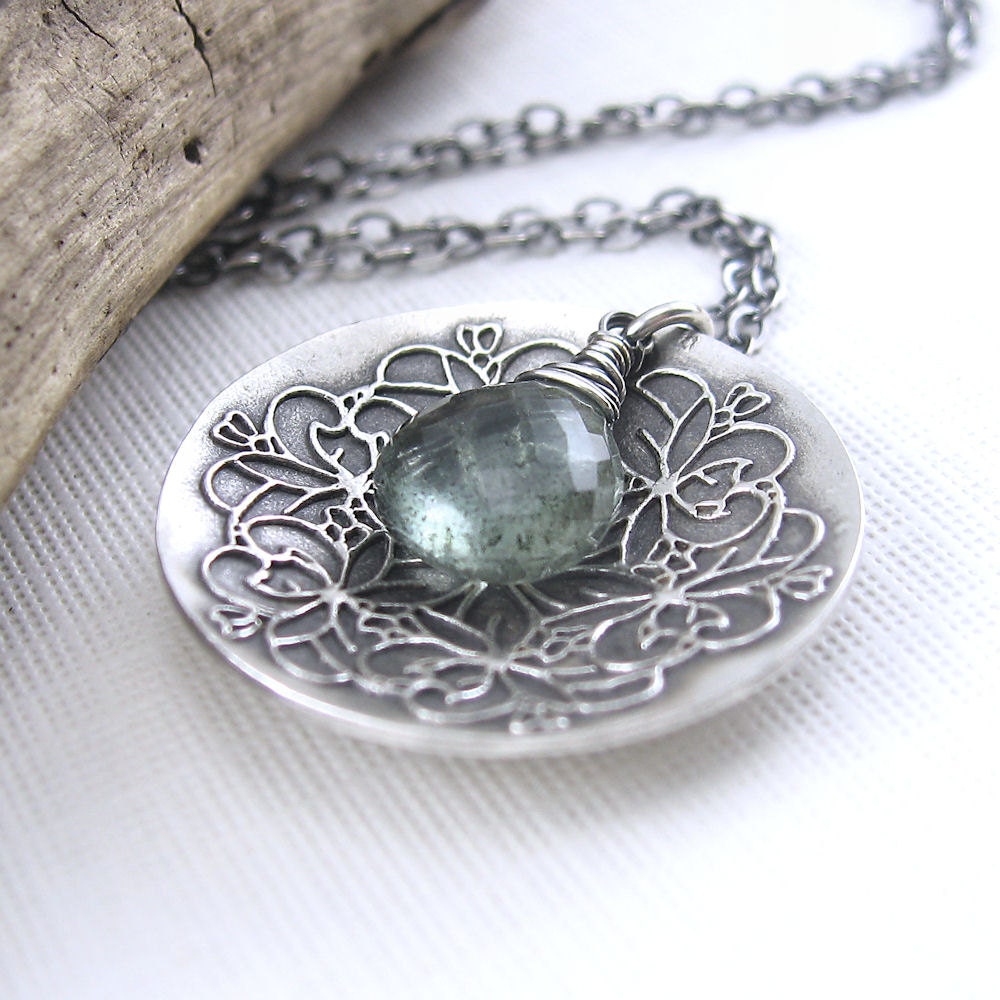 Moss Aquamarine Necklace March Birthday Birthstone Sterling Silver Long Layering Gemstone Circle Fashion Jewelry - Nadine No. 2