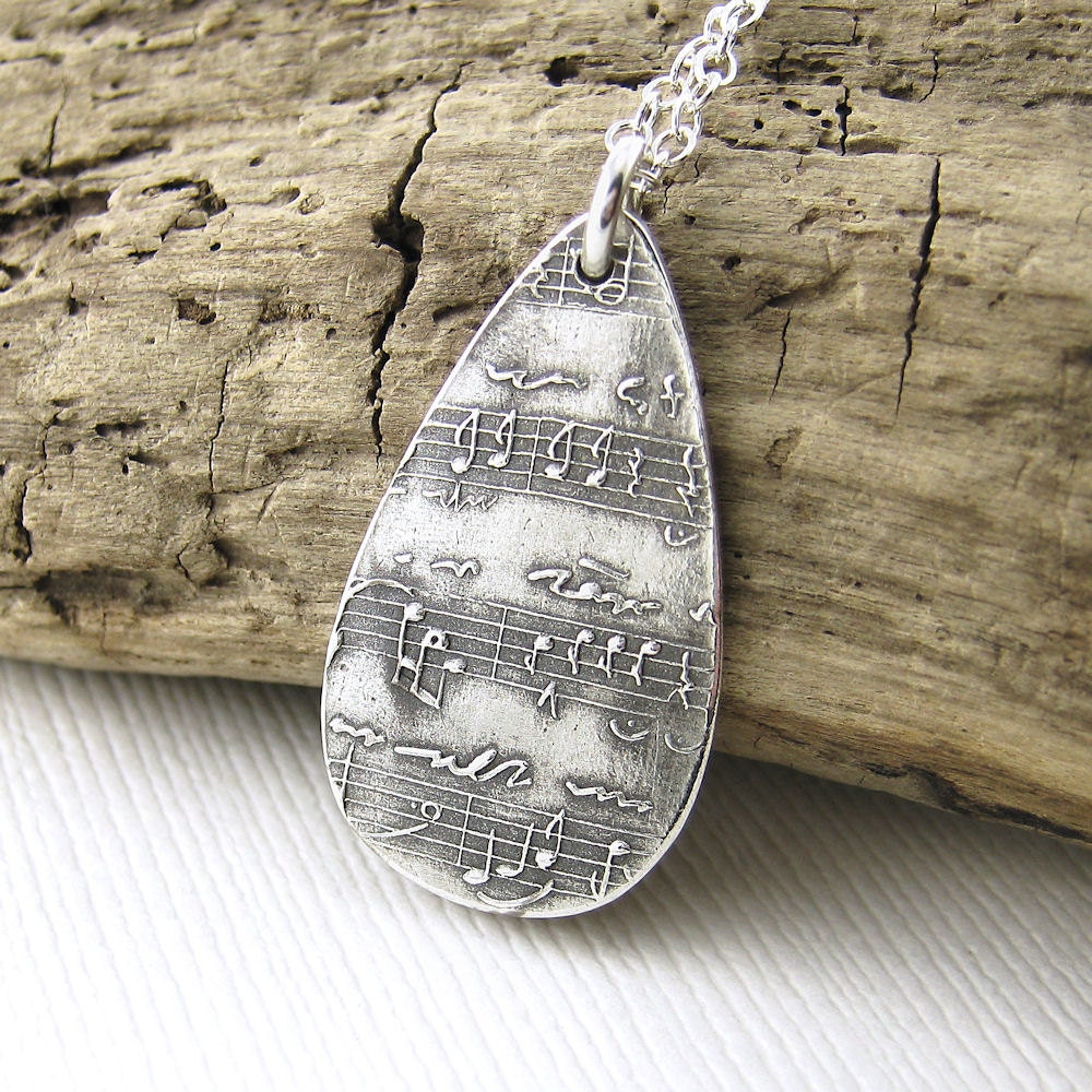 Sheet Music Charm Necklace Silver Teardrop Antiqued Designer Spring Fashion Jewelry - Abigail No. 3 - Jennifer Casady