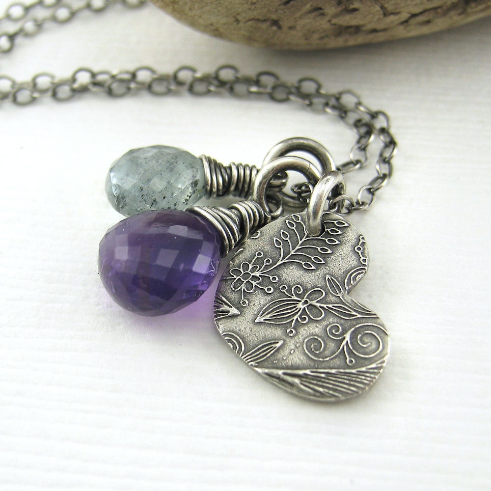 CLEARANCE Teeny Tiny Charm Necklace Purple Amethyst Teal Moss Aquamarine Sterling Silver Heart Fashion Jewelry - Duets No. 81