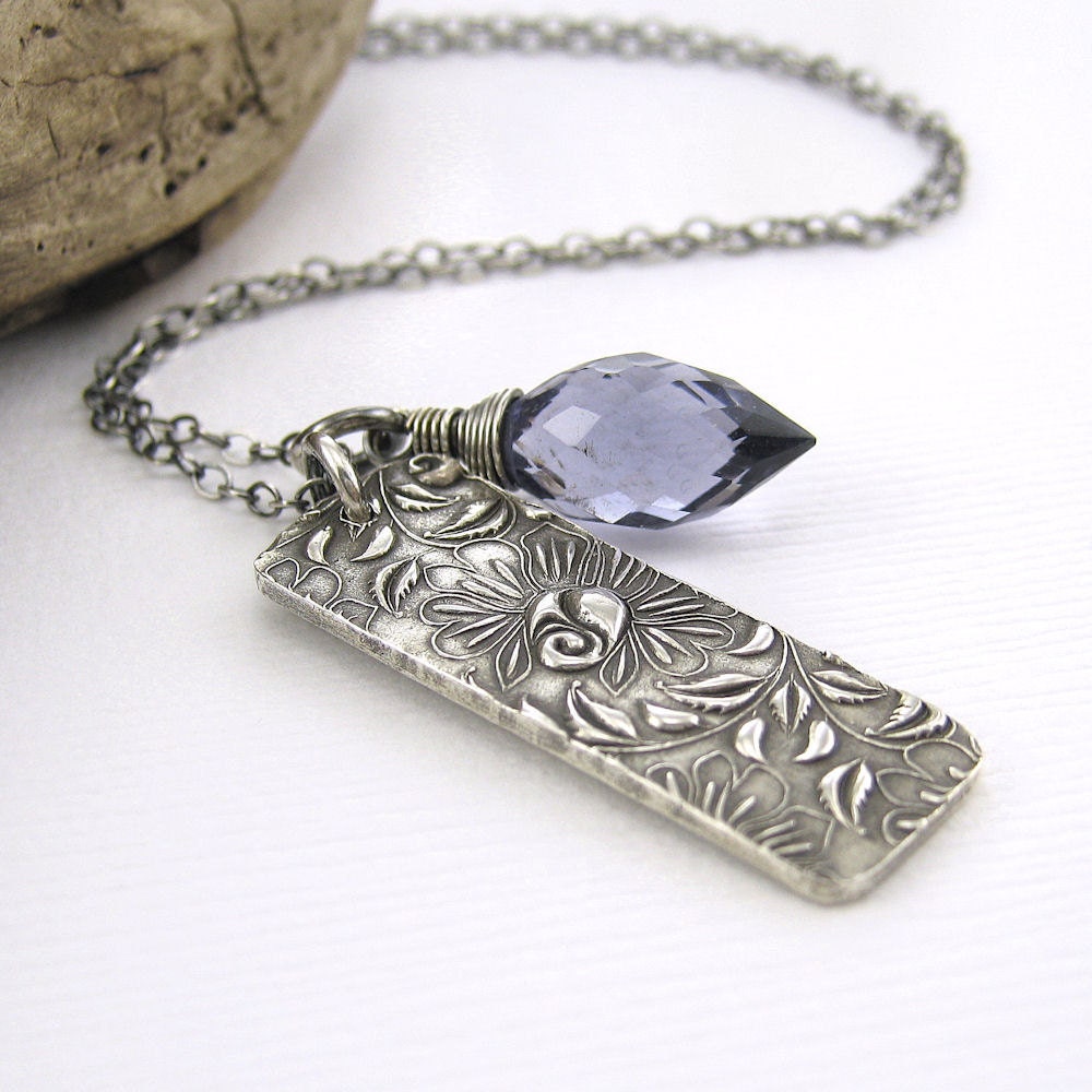 Handmade Jewelry Blue Iolite Quartz Climibing Roses Rectangle Bar Sterling Silver Designer Fashion Jewelry - Solo No. 57 - Jennifer Casady