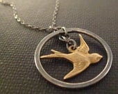 Sparrow Necklace - Hunger Games Mockingjay - Silver and Brass Pendant with Delicate Bird Charm Handmade by Queens Metal