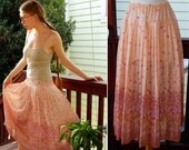 CALIFORNIA Girl 1970's 80's Vintage Sheer Beige Light Tan Pink Skirt with purple Flowers and Leaves