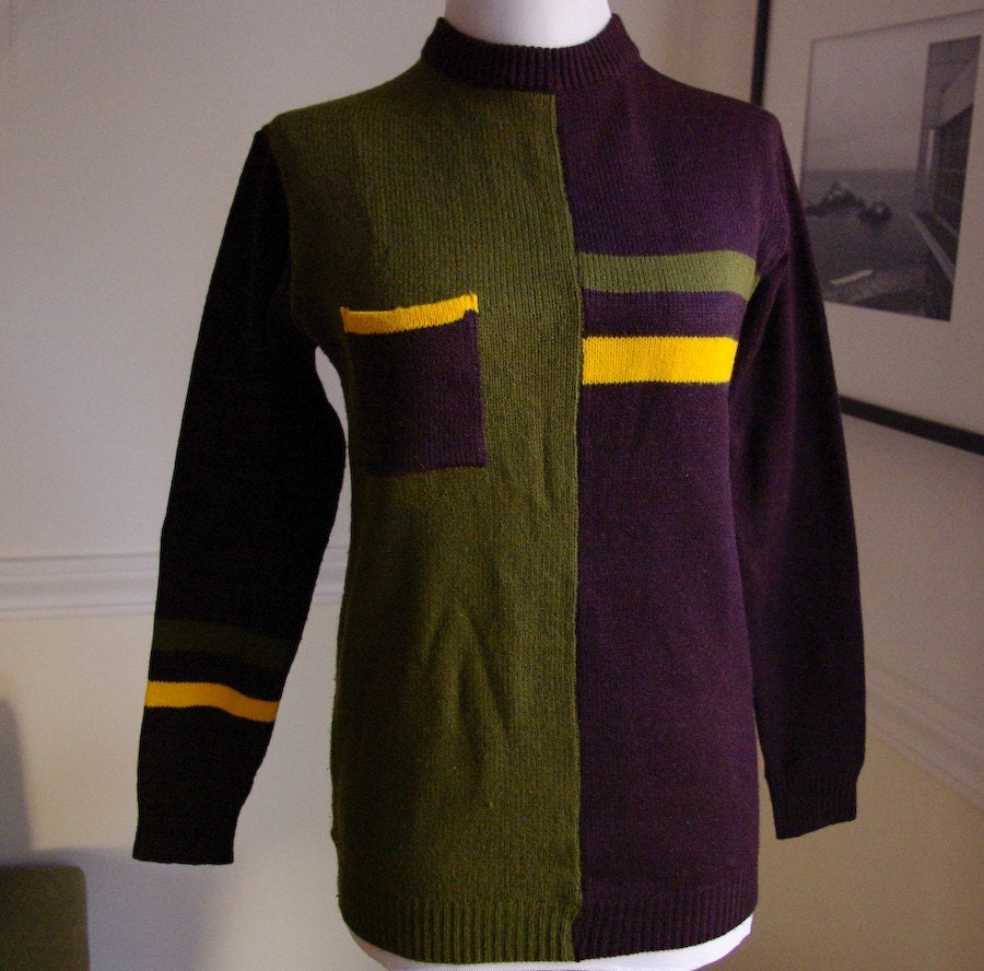 Vintage 1960's MOD Sweater in Olive Green Yellow and Brown