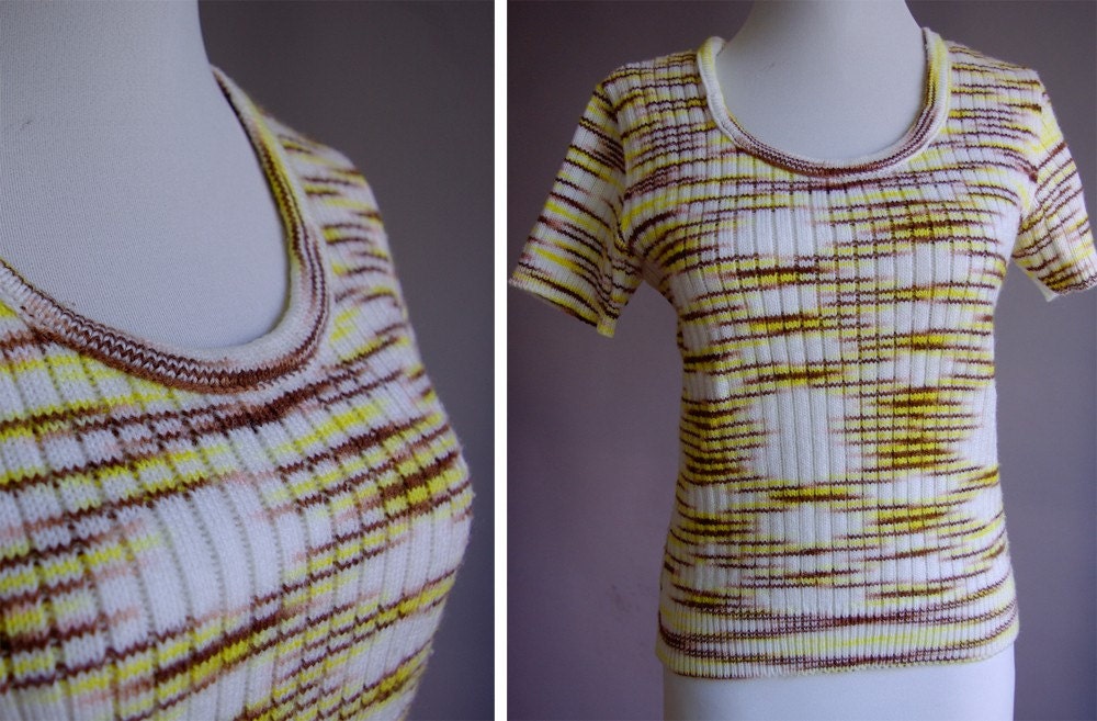 Space Dyed Sexy 1970's Vintage Hand Knit Yellow and Brown Knit Shirt size Small Med