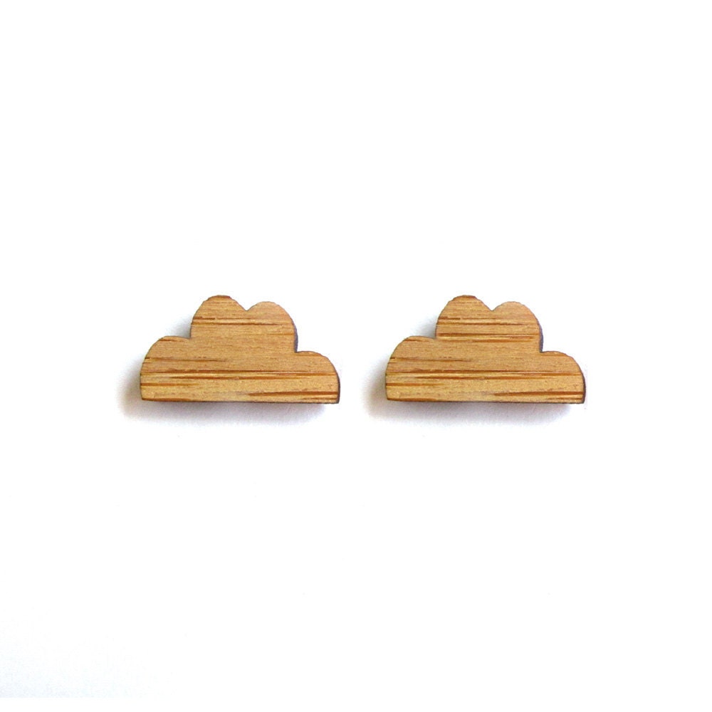 Fluffy Cloud - Bamboo Wood Earrings - Laser cut - Stud - Cute