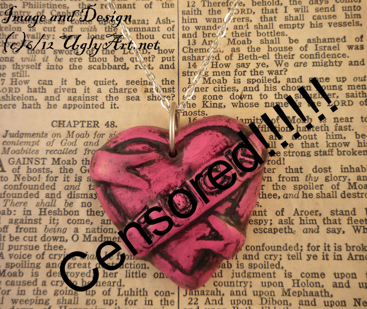 Pink FUCK Tattoo Heart Banner Necklace by Ugly Shyla. Sale Oops item