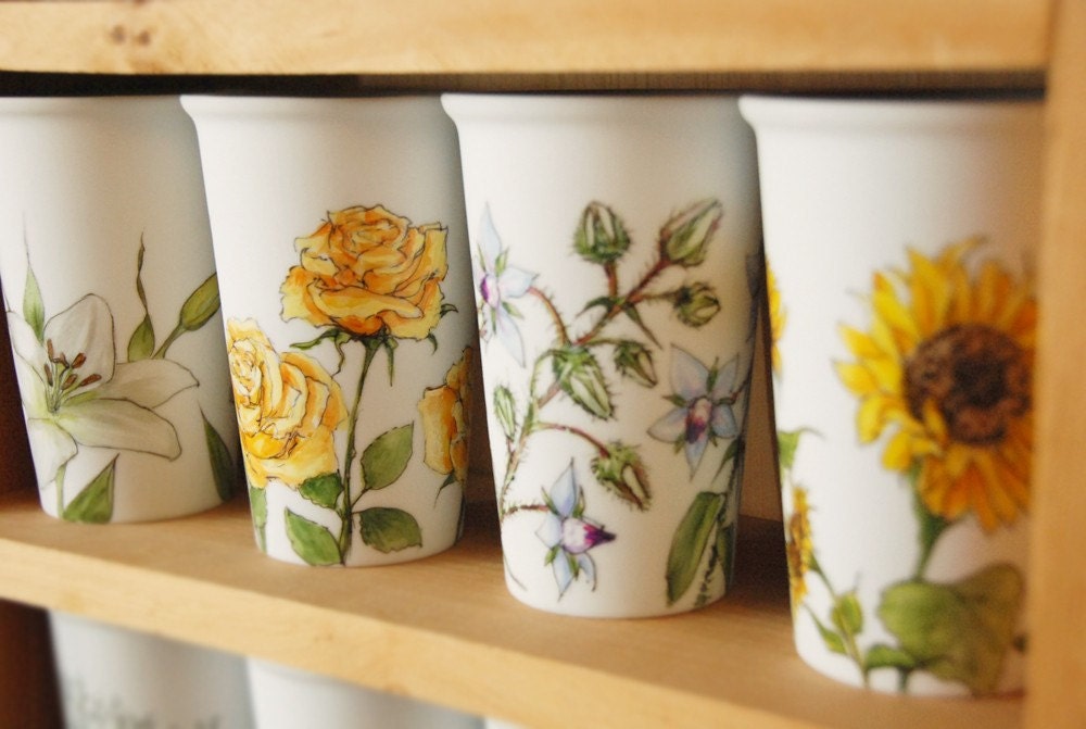 Personalized for You with Botanical Design - White Ceramic Eco Friendly Travel Mug Double Walled Porcelain with Lid