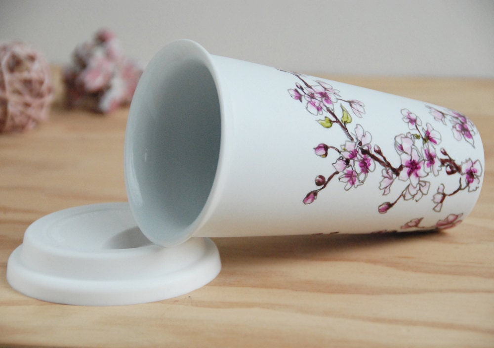 Eco-Friendly  Painted Ceramic Travel Mug - Cherry Blossoms - made to order