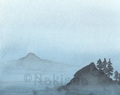 Original Watercolor Landscape  Painting - Foggy Sound