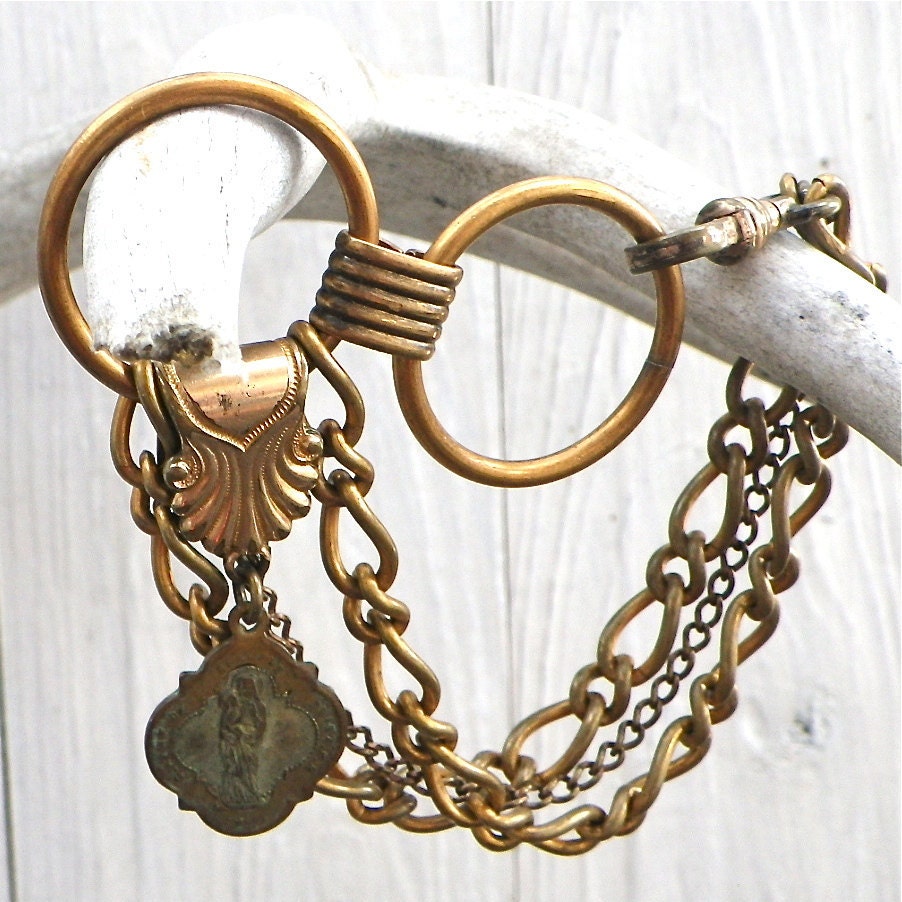 victorian bracelet, vintage brass, gold, religious medal, antique watch fob heirloom