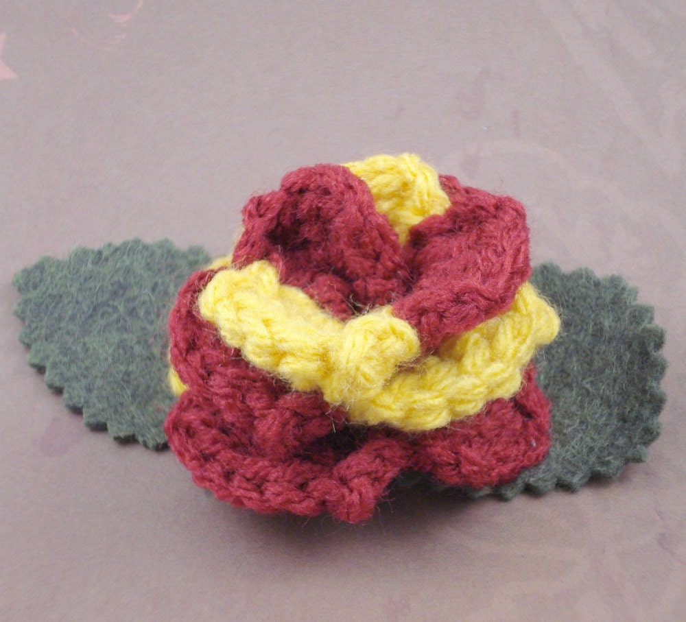 Crocheted Rose Hair Clip - Red and Gold