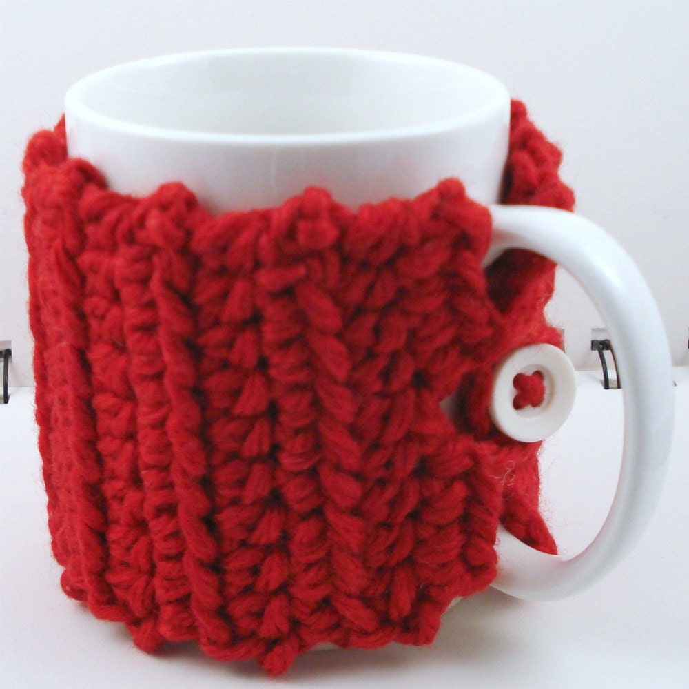 Coffee Mug Cozy in Red with White Button