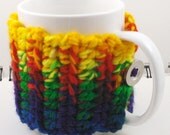 Coffee Mug Cozy in Rainbow Colors with Silver Button