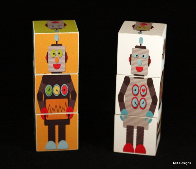 Wood Lil' Robot Blocks Set of 6 wooden puzzle toys or nursery decor