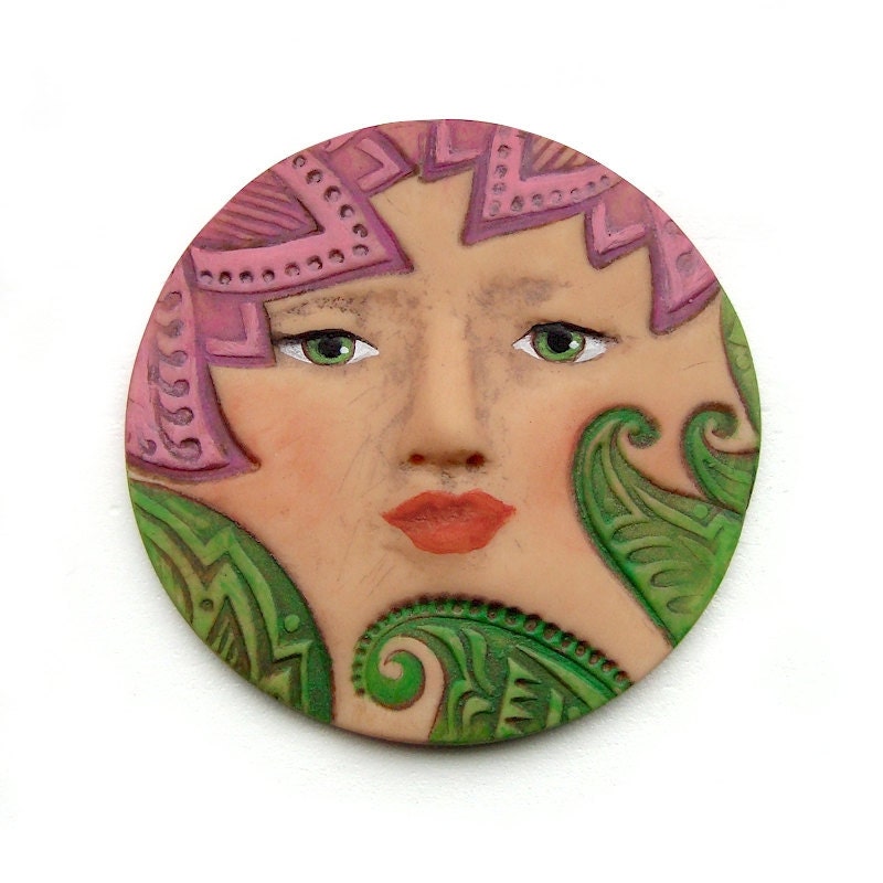 Tropical Flower Garden Purple Green Leaves Art Doll Face Cab 40mm Round Spring Jungle Plant Goddess Polymer Clay Cabochon 2408