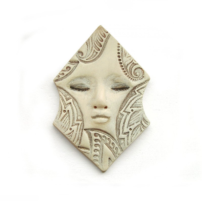 Ivory Hexagon Dream Art Doll Face Cab Polymer Clay Pale Sleepy Cream Geometric Goddess Cabochon 2574