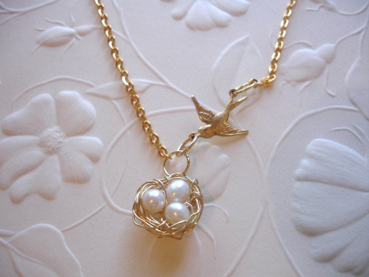 Sale Pearl Birds Nest Necklace Golden Brass Nest Swallow