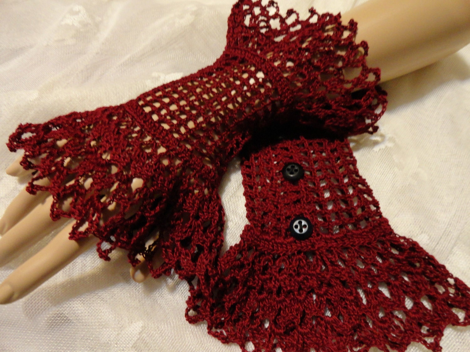 Burgundy Red Scarlet Fine Crochet Gothic Vampire Steampunk Victorian Noir Wedding Mourning Cotton Wrist Cuffs