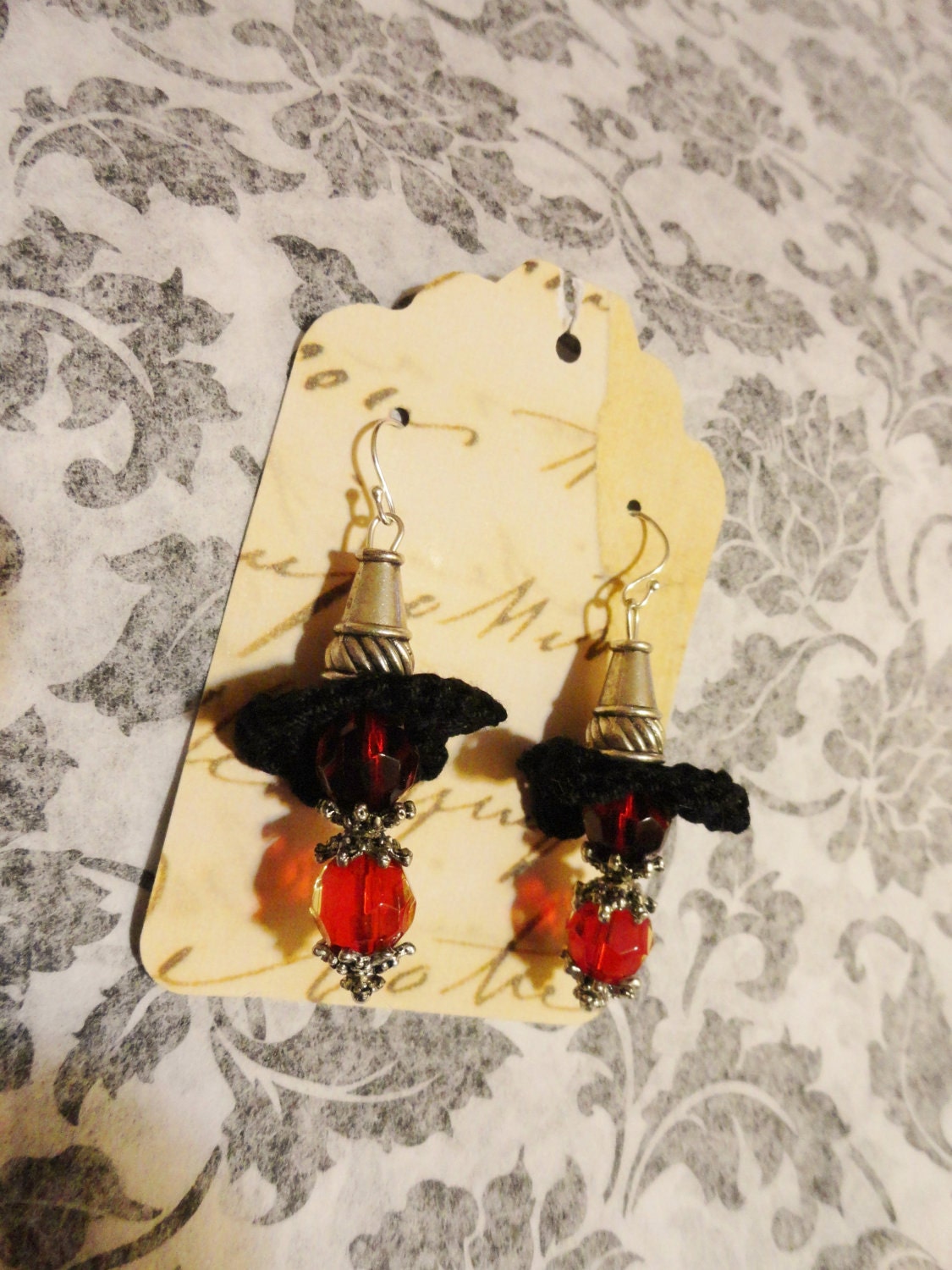 Black Red Scarlet Silver Earrings Crochet Flower Floral Victorian Noir Jewelry Womens