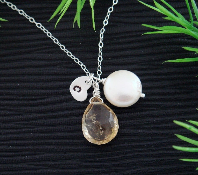 Custom Birthstone Necklace, Initial Monogram Pearl Jewelry, STERLING Silver charm Necklace, Citrine November Birthday,  Bridesmaid's Jewelry