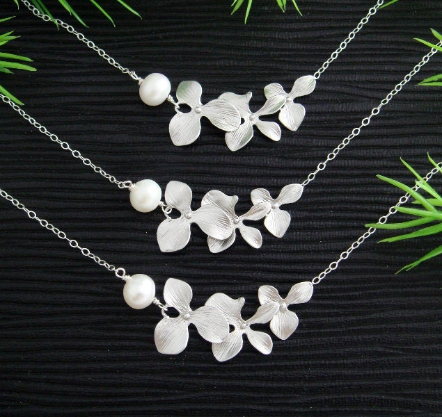 Bridesmaid gifts, Wedding jewelry, SET OF 3, Orchid flowers STERLING Silver Necklace, Pearl Necklaces, Bridal gift set, Pearl Orchid Jewelry