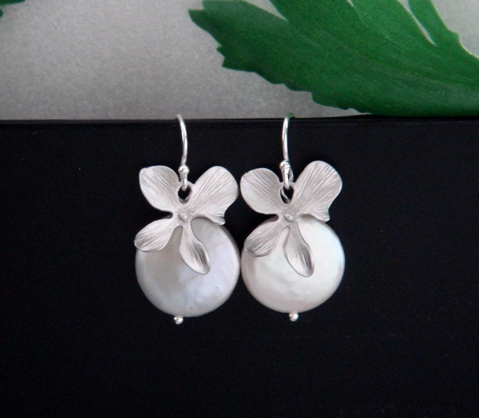 Orchid Coin Pearl Earrings, STERLING Silver Orchid Earrings, Dainty Dangle Orchid Jewelry, Bridesmaid gifts, Pearl Wedding jewelry