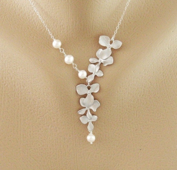 Wire wrapped Pearl Orchid Necklace, Dainty Bridesmaids Jewelry, STERLING Silver, Bridal Jewelry, Maid of Honor Necklace
