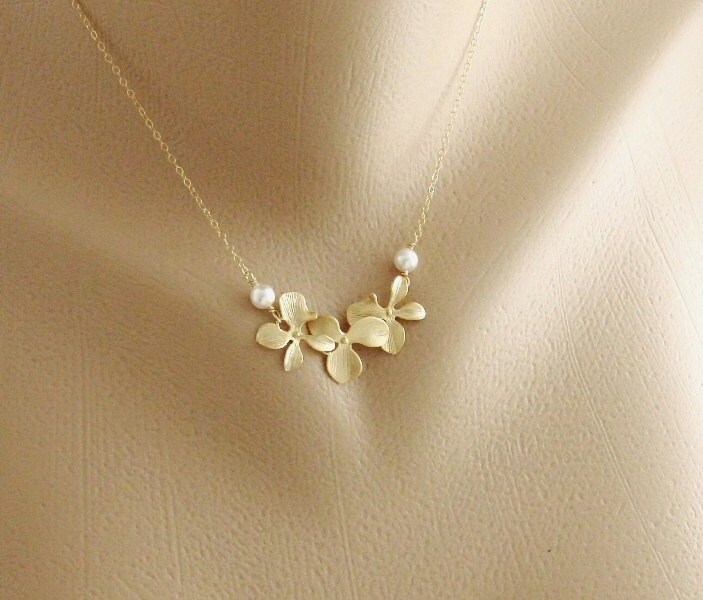 Pearl and Orchid Gold Fill Necklace - Dainty necklace, Birthday, flower girl, wedding jewelry, Bridesmaid gifts, simple everyday