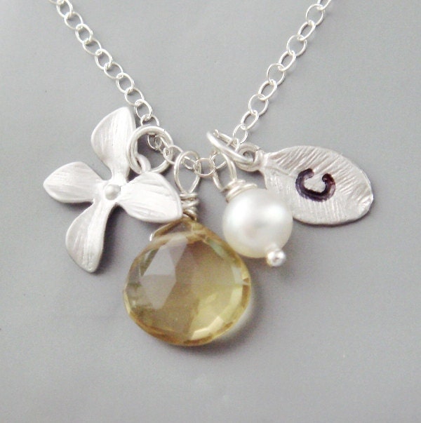 Personalized Mother Necklace, Sterling Silver Initial Monogram Necklace, Orchid Birthstone Jewelry, Pearl, Beer Quartz, Bridesmaid Gifts