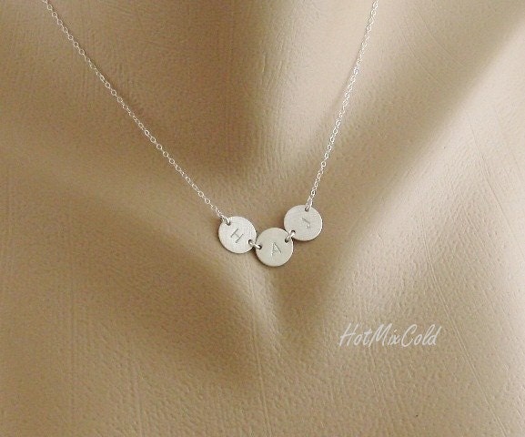 THREE Monogram Charm Necklace, Tiny Initial Disc Necklace, Sterling silver Jewelry, Mom and Children, Family, Sister, Best friends Necklace