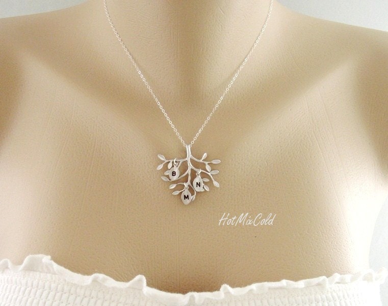 THREE Monogram Necklace, Silver Tree Necklace, Sisters, Children, Grandchildren, Mother Daughter Jewelry, Initial Necklace