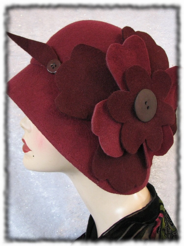 Cloche Burgundy Wool Hat 1920s Flapper Hat