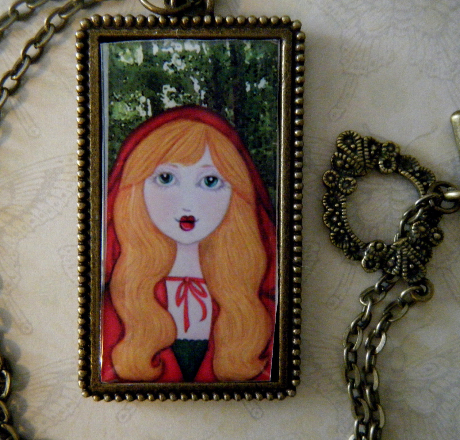 Little Red Riding Hood Art Print Necklace, Frame Pendant, Antique Copper, Fairy Tales, Storybook Art