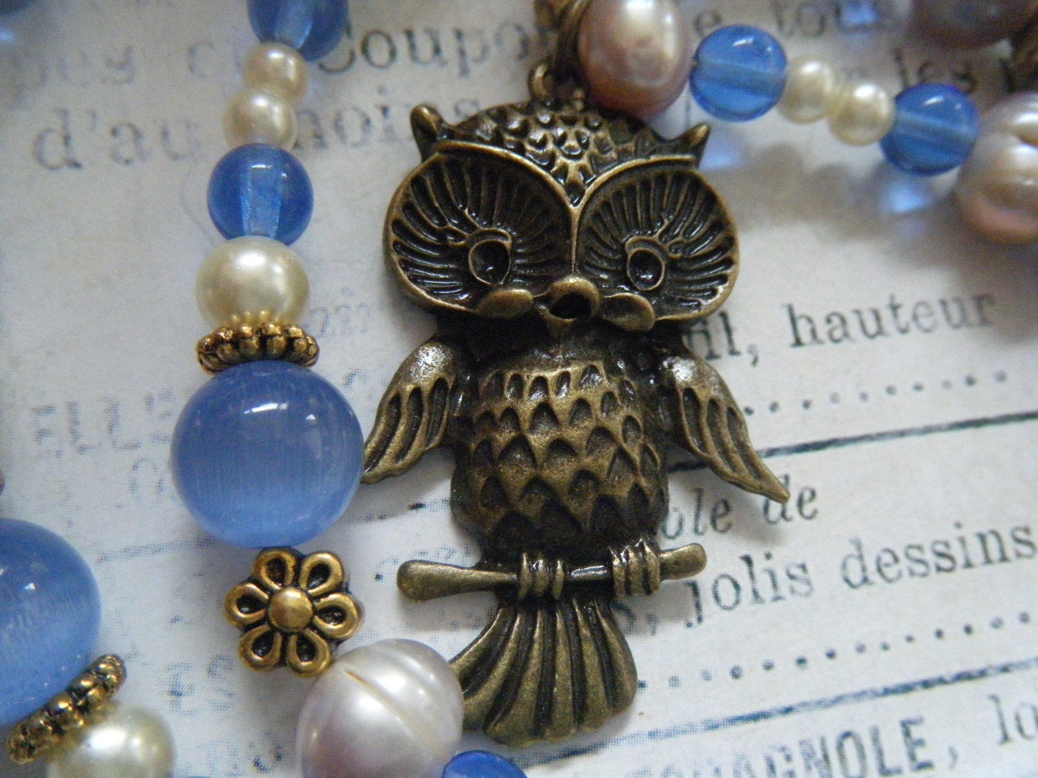Antique Brass Owl Pendant Necklace with Pearls and Blue Beads, Flowers, Whimsical, Birds