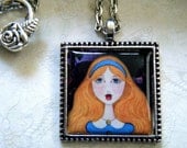 Alice in Wonderland Mini Art Print Necklace, Frame Pendant, Antique Silver, Fairy Tales, Lewis Carroll, Storybook Art