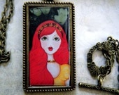 Thumbelina Art Print Necklace, Frame Pendant , Antique Copper, Fairy Tales, Storybook Art