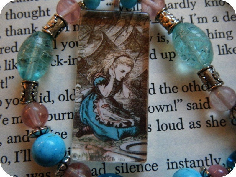 Alice in Wonderland  Glass Pendant Necklace with Pink and Blue Beads, Whimsical, Silver Accents