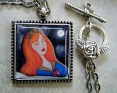 Sleeping Beauty Mini Art Print Necklace, Frame Pendant, Antique Silver, Fairy Tales, Princesses, Storybook Art