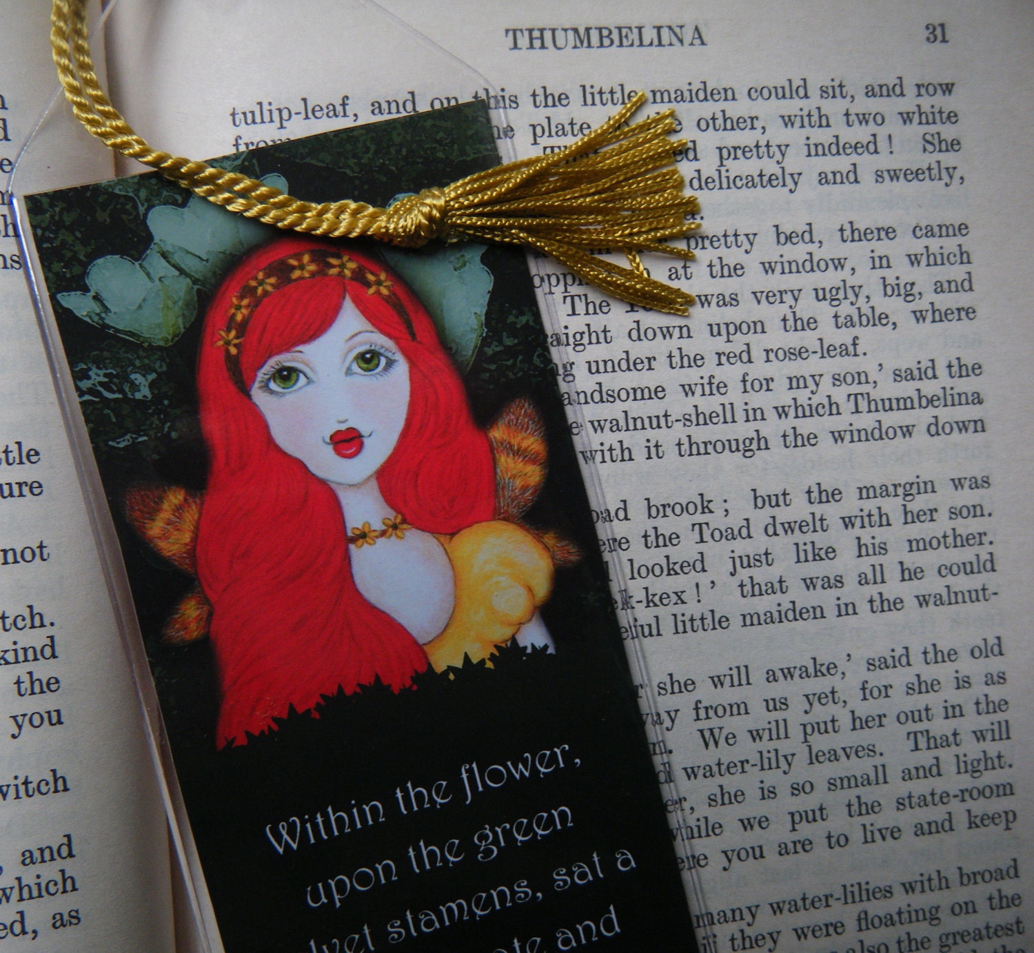 SUMMER SALE Thumbelina Art Print Bookmark, Fairy Tales, Fantasy, Storybook Art, Reproduction Art, Children's Art, Children's Bookmark