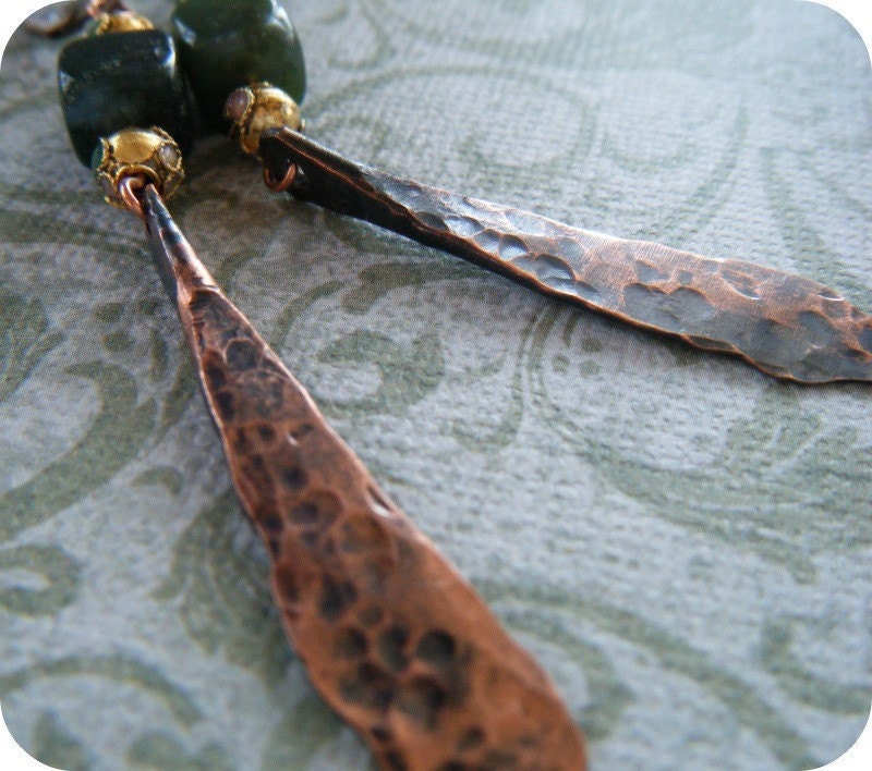 Hammered Copper Dangle Earrings with Pine Green Beads and Gold Accents